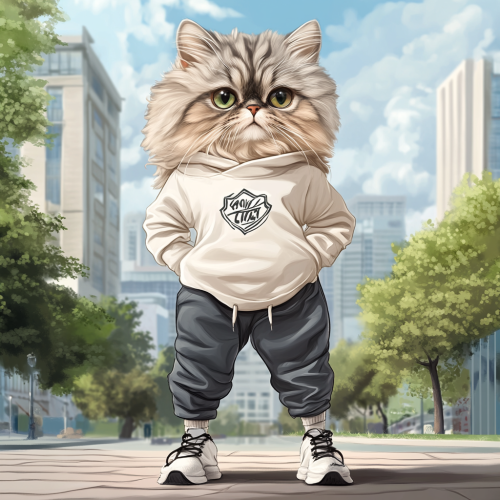 Persian cat wears sporty outfit in urban setting.