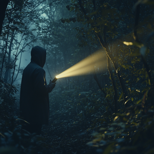 Person's Flashlight in Forest: Night Time Adventure