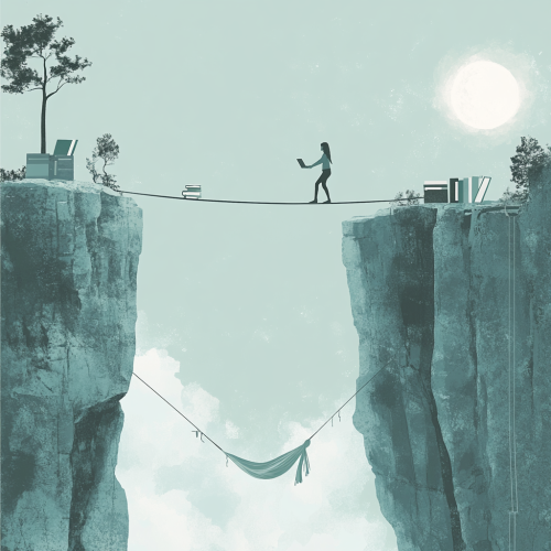 Person balancing on tightrope between work and relaxation