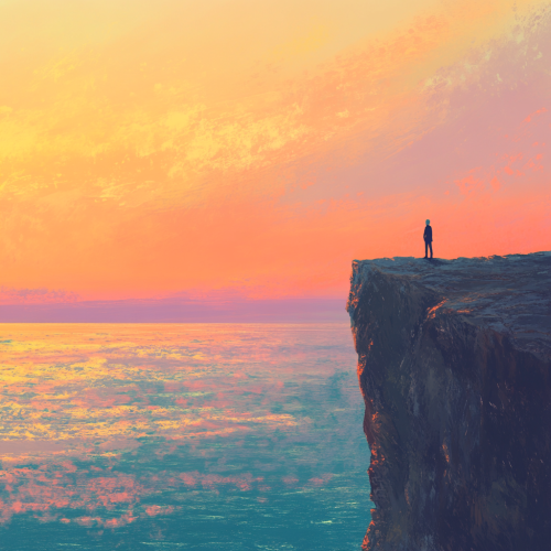 Person by Cliff at Sunrise Over Calm Ocean