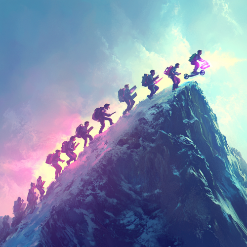 Person easily rides hoverboard up hill with glowing map. Person easily rides hoverboard up hill with glowing map.