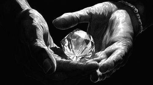 Person holding diamond close-up, storyboard style, black and white.