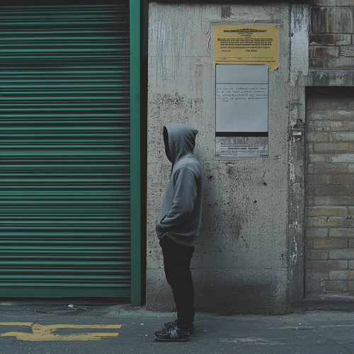 Person in grey hoodie stands in front of wall.