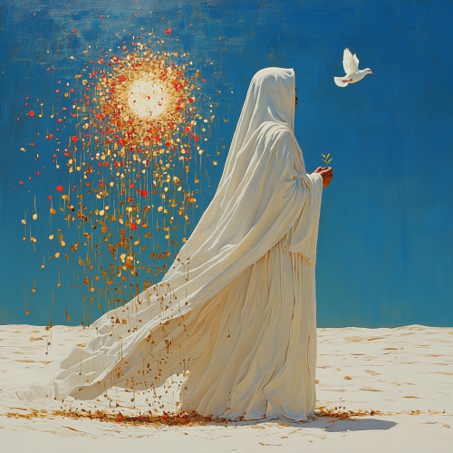 Person in robe with music notes, dove, desert, sun.