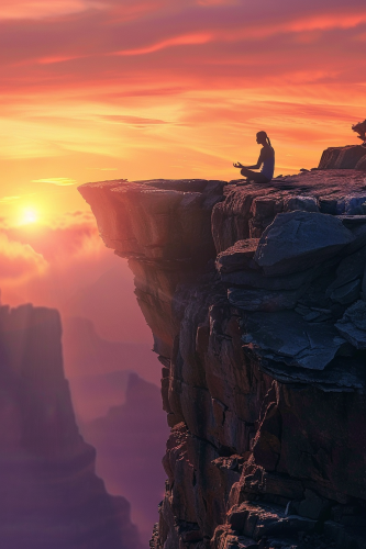 Person meditating on cliff at sunset, symbolizing inner peace.
