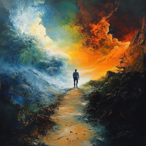 Person overcoming obstacles in challenging landscape with confidence.