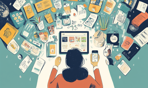 Person tracking expenses on tablet with spending icons.