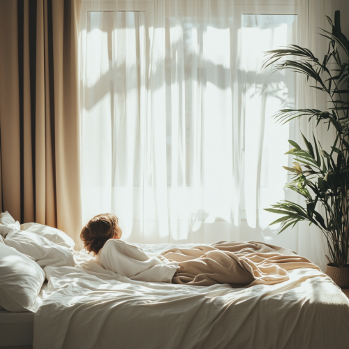 Person wakes up refreshed in minimalist bedroom. Morning light.