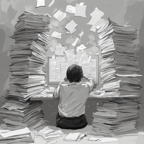 Person with lots of papers and computer work tasks