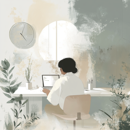 Person working at desk with serene background