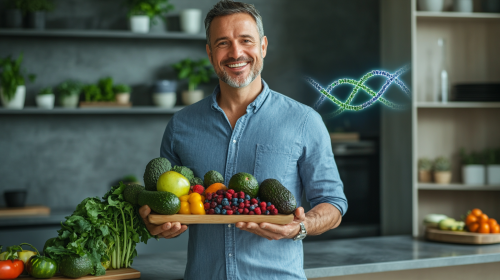 Photo of smiling Brazilian client with healthy food in modern kitchen, HD quality.