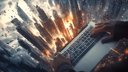 Photo realistic scene of laptop with city buildings.