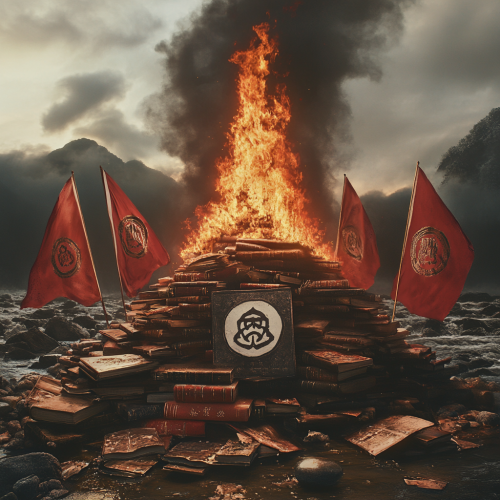 Photograph of burning books and Buddhist symbol flags.