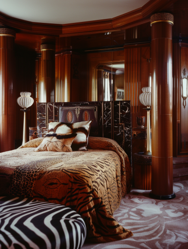 Photograph of opulent Art Deco bedroom with zebra print.