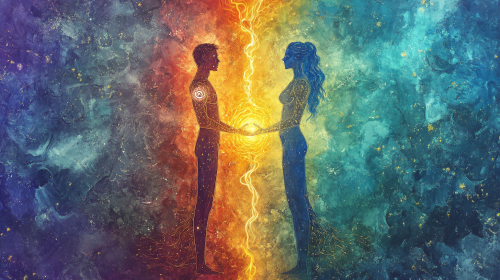 Photorealistic Full Body Man Woman Color-Coded Chakras Energy Exchange