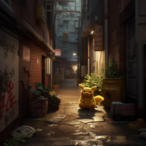 Photorealistic Pikachu with fluffy fur in Japanese alleyway Photorealistic Pikachu with fluffy fur in Japanese alleyway