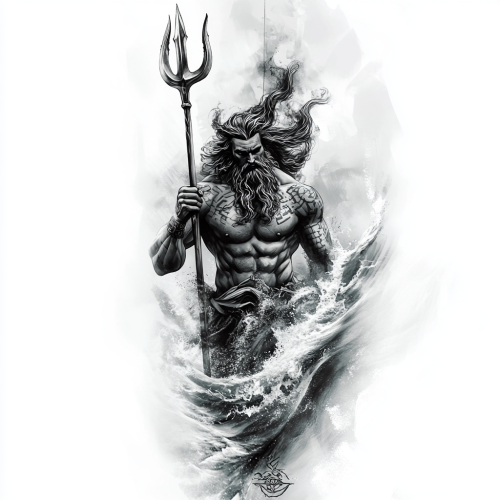 Photorealistic Poseidon Tattoo Design in Battle Pose