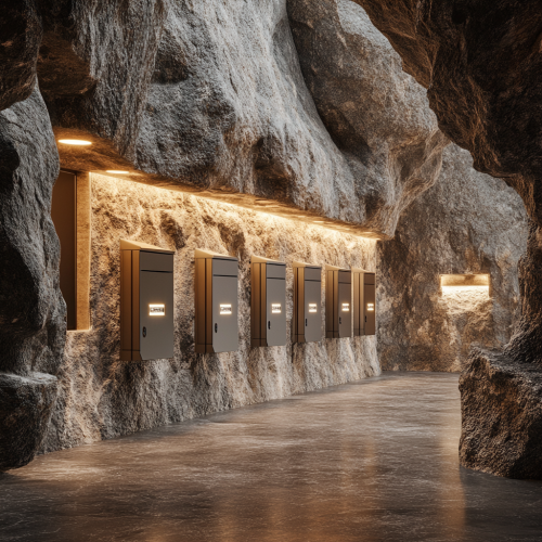 Photorealistic image of RFID lockers in artificial rock formations.