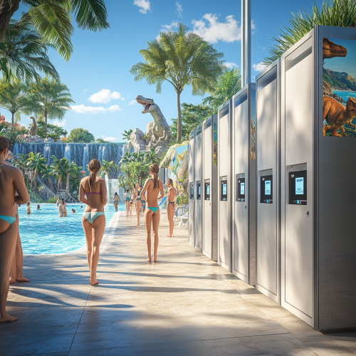 Photorealistic image of RFID lockers in waterpark setting. Photorealistic image of RFID lockers in waterpark setting.