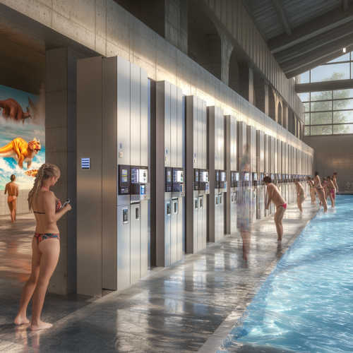 Photorealistic image of RFID lockers with dinosaur murals. Photorealistic image of RFID lockers with dinosaur murals.