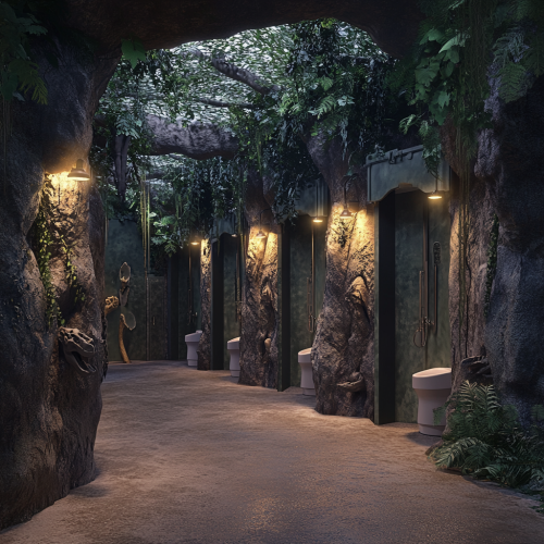 Photorealistic image of themed toilets in dinosaur waterpark.