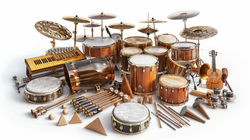 Photorealistic image of various percussion instruments on white background.