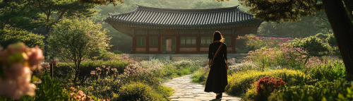 Photorealistic photo of woman in modern attire in historical garden.