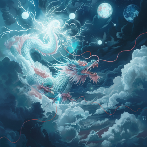 Pi Xiu Flying Among Glowing Orbs