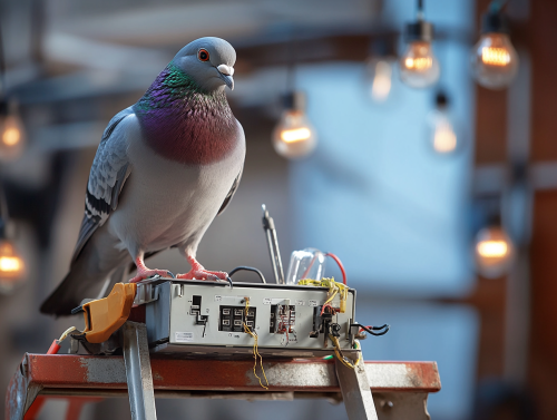 Pigeon with tool belt fixes ladder lights intently.