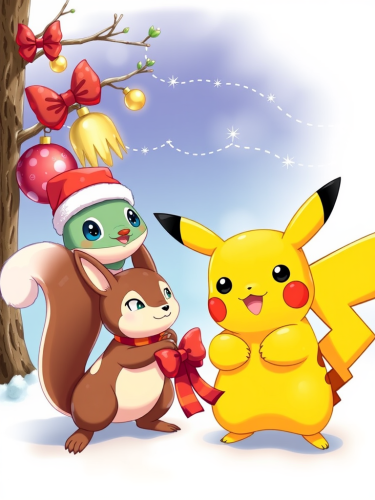 Pikachu, Squirrel, and Charmandor Celebrating Christmas