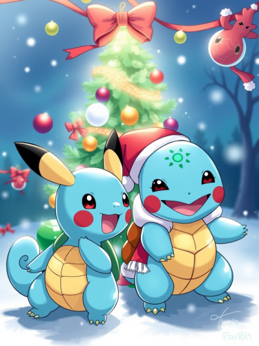 Pikachu, Squirtle, Charmander, Bulbasaur Celebrating Christmas