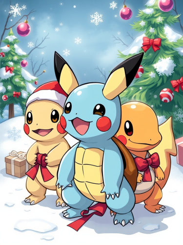 Pikachu, Squirtle, Charmander Celebrating Christmas