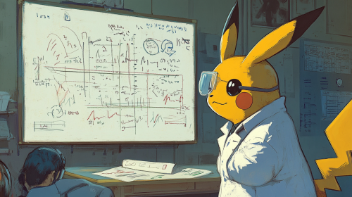 Pikachu in labcoat solves math problem on whiteboard