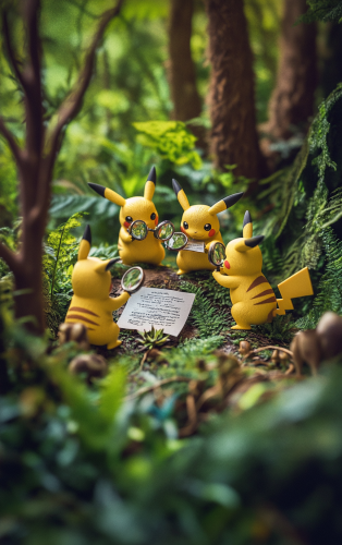Pikachus examining document in forest with animals. Miniature view.