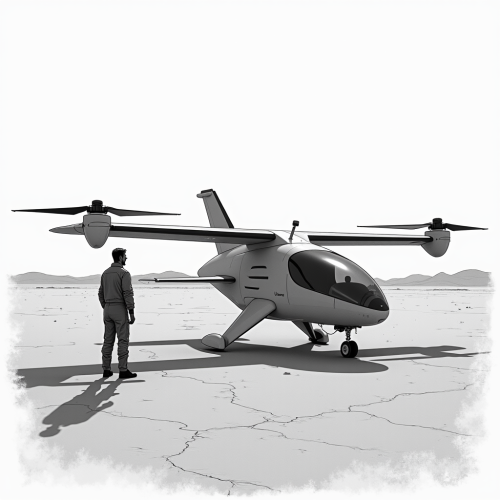 Pilot with eVTOL in Black and White Desert