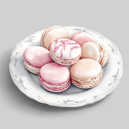 Pink and white macarons on porcelain plate