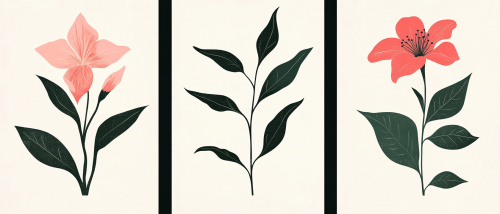 Pink flower, green leaves, bold lines, colorful prints.