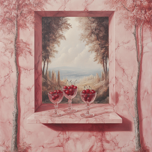 Pink marble wall, square opening, cherries in goblets.