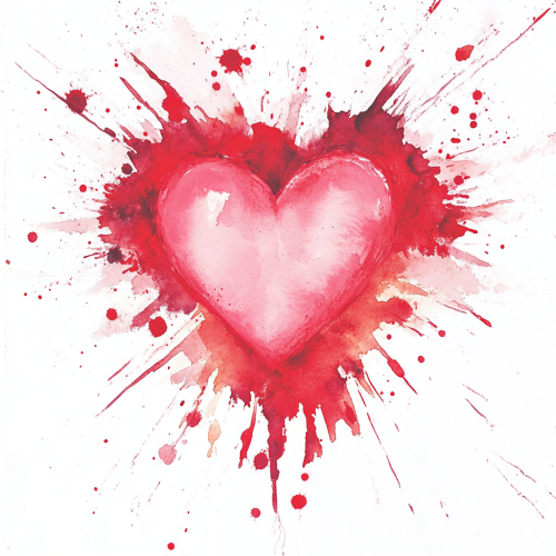 Pink watercolor heart with red paint splatter illustration.