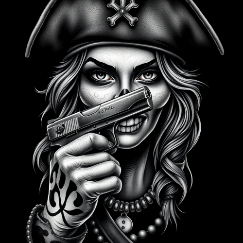 Pirate Woman With Gun Tattoo in Chicano Style