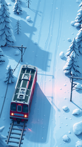 Pixel art train travels through snowy landscape game.