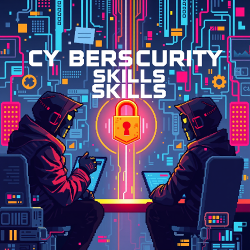 Pixelated illustration showing cybersecurity skills gap in techy game. Pixelated illustration showing cybersecurity skills gap in techy game.