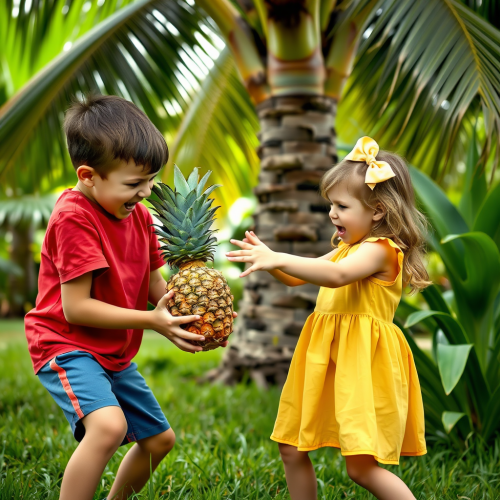 Playful Pineapple Tug-of-War Under Tropical Tree
