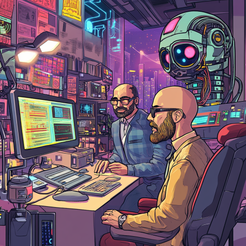 Podcast cover with edgy tech vibe, pop culture references.