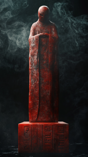 Polished red jade humanoid statuette with mysterious aura.