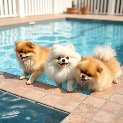 Pomeranians Having Fun in the Pool
