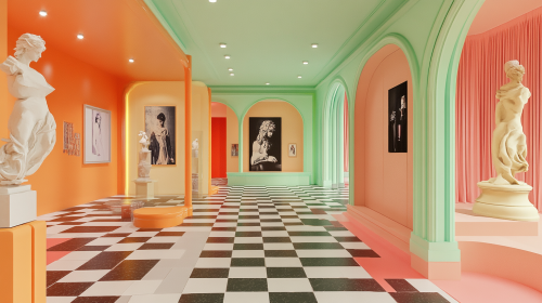 Pop-up store with 3 rooms - mint, orange, red.