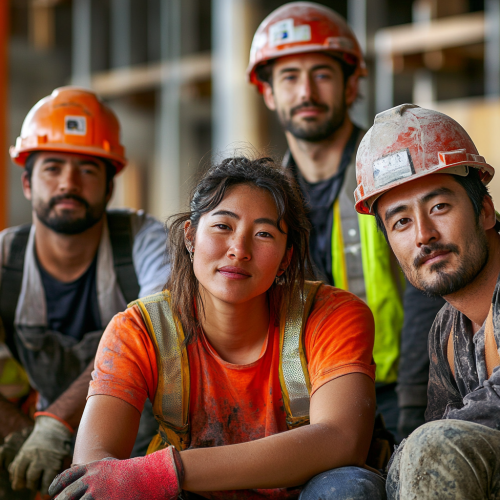 Portrait of 5 diverse workers on construction site. Proud.