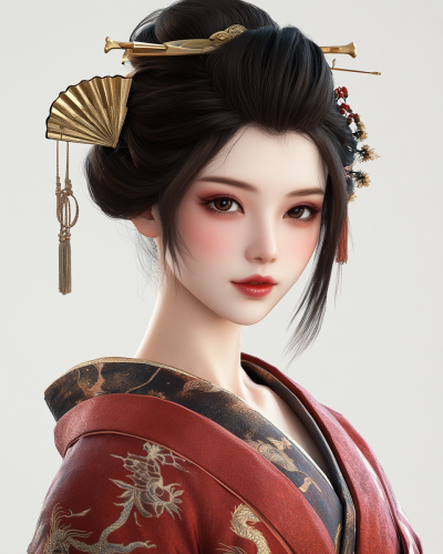Portrait of Elegant Geisha Ming Li in Red Kimono