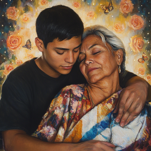 Portrait of Henry Vasquez embracing mother, radiating warmth. Portrait of Henry Vasquez embracing mother, radiating warmth.